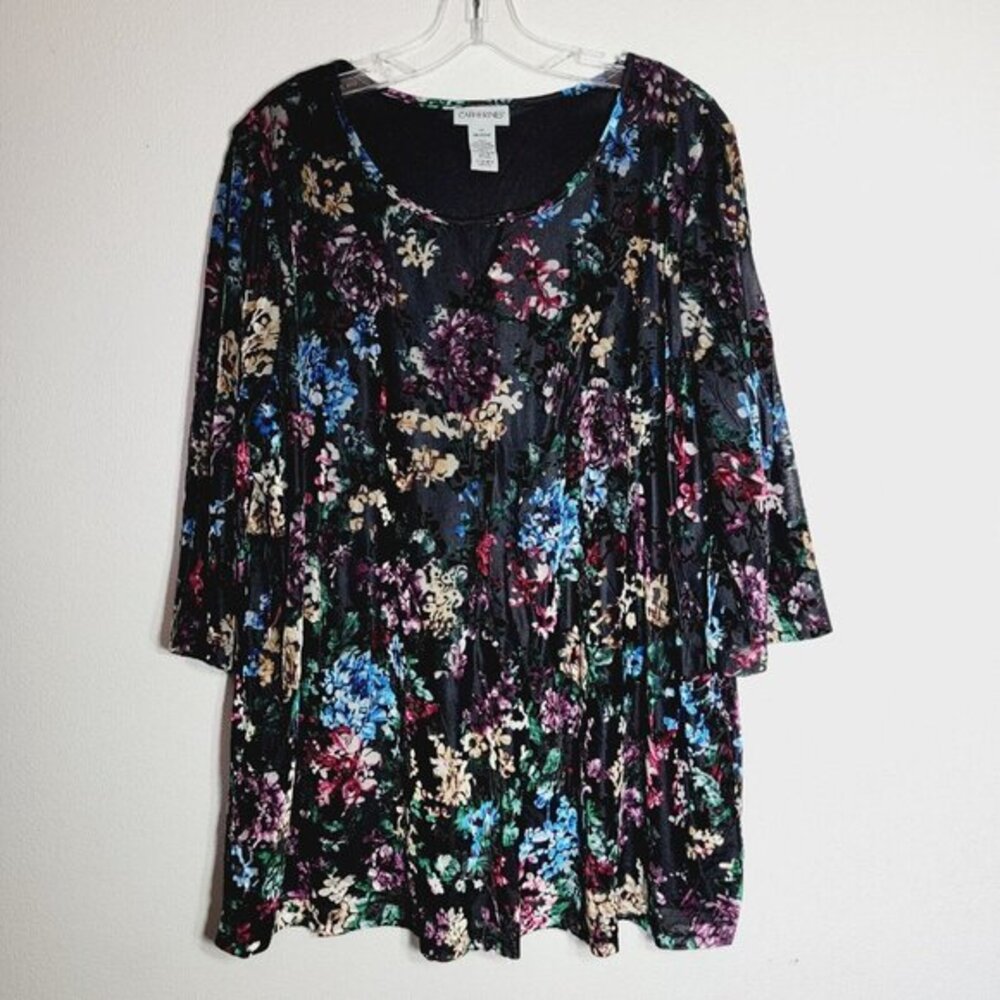 Catherines Tunic Top Plus Size 1X 18/20W Black Velour Floral 3/4 Sleeve Pullover